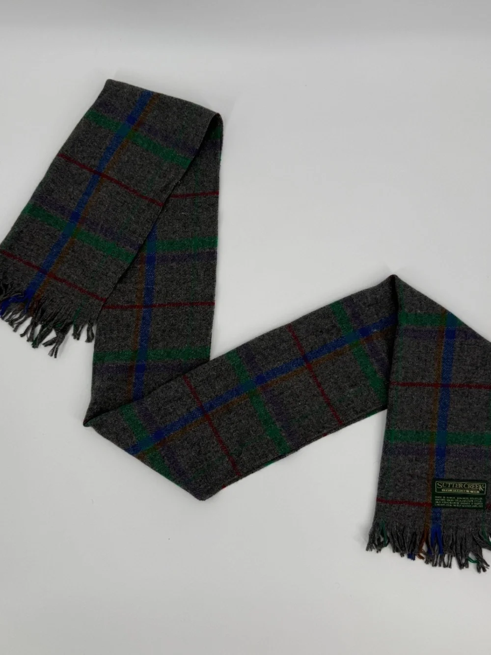 Vintage 90s Levi Strauss Sutter Creek Wool Blend Gray Plaid Fringe Winter Scarf